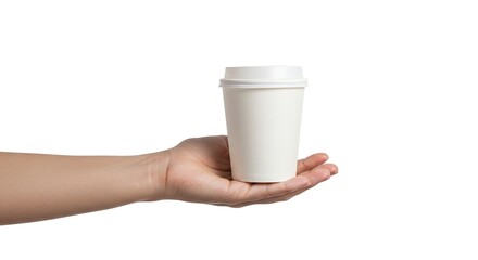 A hand holding a white paper cup with a lid isolated on a white background