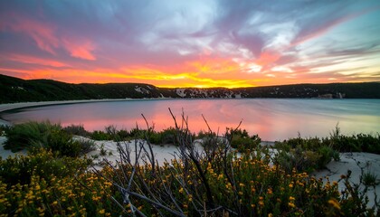A serene lake with vibrant sunset hues, framed by hills and wildflowers, creating a peaceful landscape.