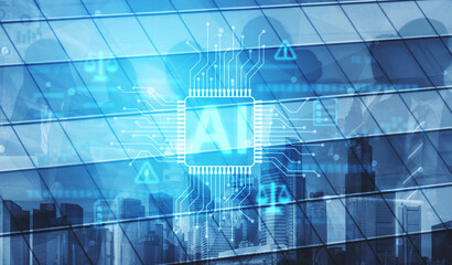 AI circuit microchip with glowing blue lines, surrounded by legal scales, warning symbols, data...