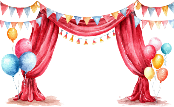Joyful watercolor circus curtain with balloons for festive party