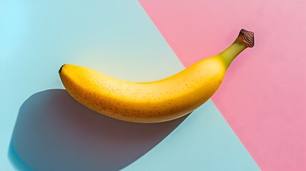 A bright yellow banana lies diagonally across a split background of pastel blue and pink creating a modern and simple food composition with shadows cast.
