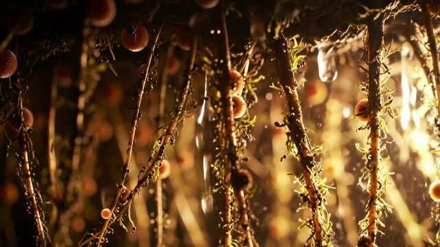 soil bacteria thriving in nutrient-rich loam, forming biofilms across root hairs of a plant