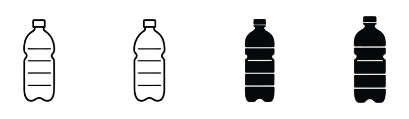 Illustration of plastic water bottles in varying states of fullness, showcasing different levels of liquid content and their simple, minimalist design