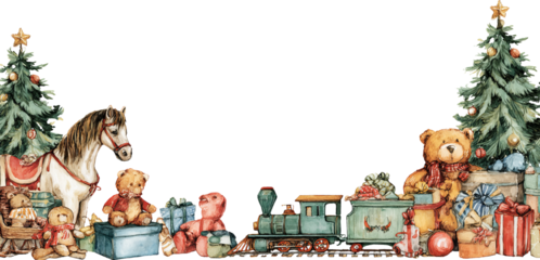 Joyful watercolor illustration of vintage christmas toys and gifts