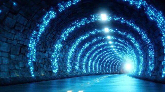 Futuristic tunnel with glowing blue digital code and binary data stream, cyber technology concept, modern infrastructure, innovation, and digital