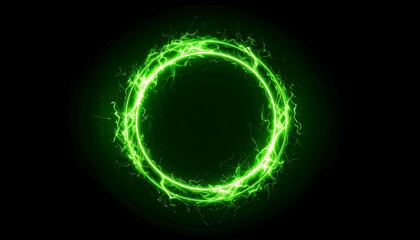 A vibrant green circular frame design with glowing energy lines against a dark background.