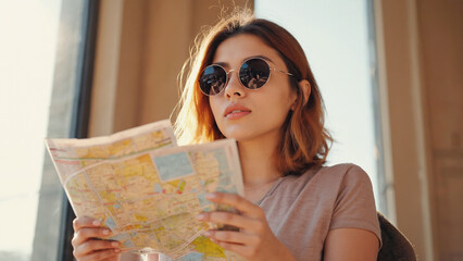 Woman with a Map: A young woman in sunglasses, lost in thought as she studies a detailed map. Capturing the spirit of adventure and exploration, travel and a journey.