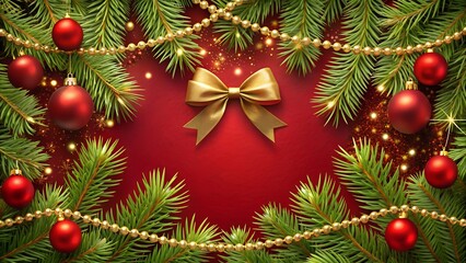 Festive Christmas background with fir branches ornaments and a golden bow