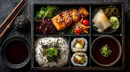 A collage of various delicious and healthy Japanese sushi, sashimi, and vegetable dishes on a white plate