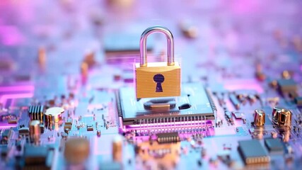 Padlock microchip circuit security technology data protection encryption digital cyber privacy—secure microchip with glowing padlock symbolizes - Powered by Adobe