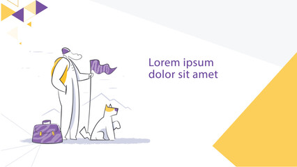 Leader with Flag and Dog Illustration – Business Journey, Exploration and Achievement