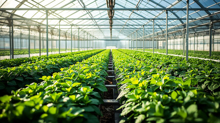 Expansive greenhouse rows of lush green plants under a transparent roof bathed in sunlight agricultural farming cultivation botany