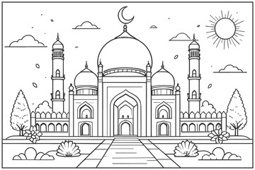 Mosque line art illustration for coloring book