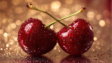   A couple of cherries sit atop a glistening table, surrounded by water droplets
