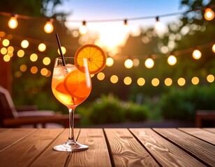Aperol Spritz on wooden patio table at sunset, string lights blurred background