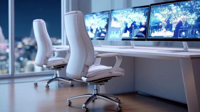 Modern office workspace featuring ergonomic white chairs, large computer monitors, cityscape night view, modern desk setup, professional
