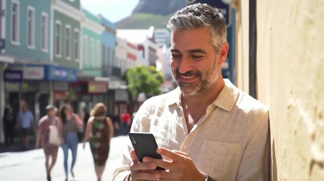 Cheerful middle aged man with gray hair using a smartphone and smiling on a vibrant city street