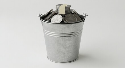 A metal bucket filled with a pile of coins Some coins appear to be stacked and bound with a paper label