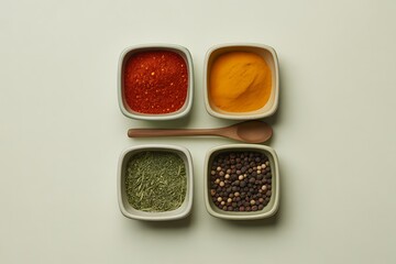 Cooking Spices in Square Bowls on Light Cream Background
