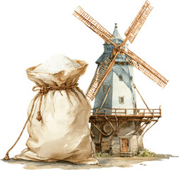 Nostalgic watercolor illustration of rustic windmill and flour sack