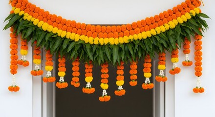 Traditional marigold flower garland with mango leaves decoration for Indian festivals and home entrance, auspicious toran for Diwali, weddings, and religious ceremonies