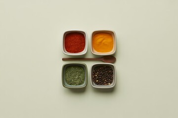 Cooking Spices in Square Bowls on Light Cream Background