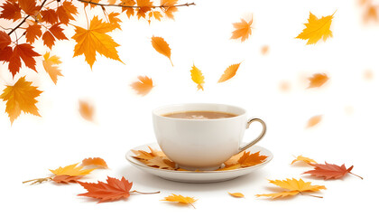 Cozy autumn vibes with warm coffee and falling leaves, perfect for seasonal designs and comforting promotions