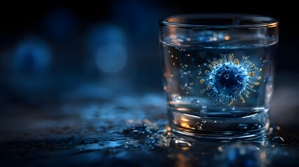 Vivid glass of water showcases a floating virus particle, brilliantly lit by a cool blue backlight emphasizing microbiology and issues related to contamination