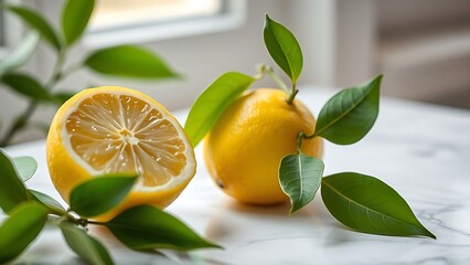 Fresh lemon with green leaves on marble, vibrant citrus fruit under natural light.