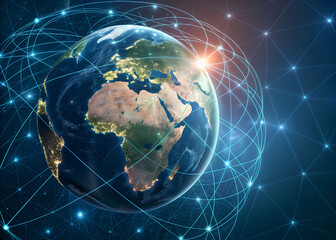 A Realistic Earth Globe at Night Surrounded by a Network of Glowing Blue and Red Lines Connecting Bright Nodes Against a Dark Space Background Showing Europe Africa and Parts