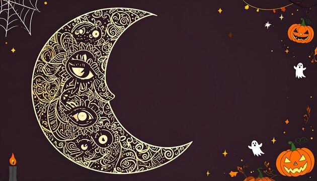 A decorative Halloween-themed design, featuring a crescent moon adorned with intricate gold filigree patterns and detailed eyes, and surrounded by pumpkins, ghosts, and stars against a dark...