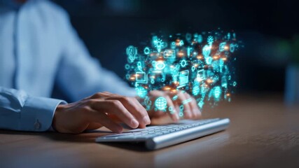 Businessman typing keyboard with digital marketing icon, social media, and technology innovation, glowing data transfer in modern office workspace - Powered by Adobe