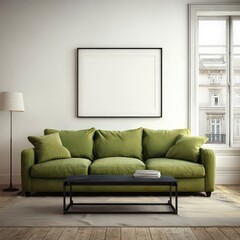Fototapeta premium Modern Green Sofa In Empty Living Room With Blank Frame