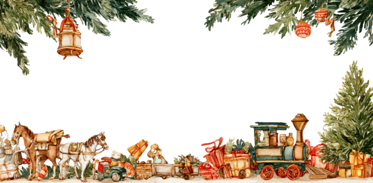 Joyful vintage christmas holiday frame with toy train and gift decoration