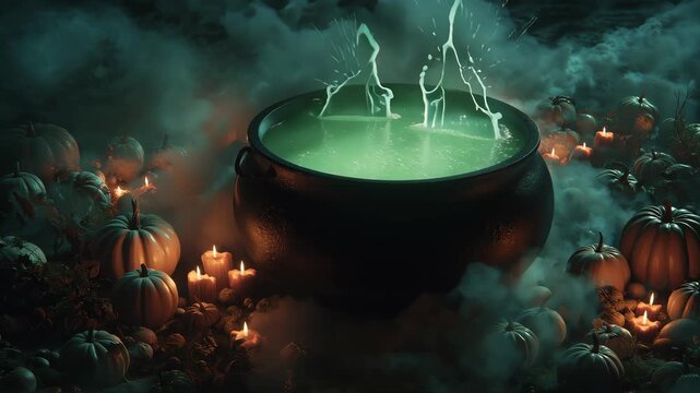 Mysterious halloween cauldron brewing spooky potion enchanted forest digital art atmospheric close-up fantasy concept