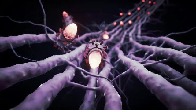 rabies viruses moving along nerve fibers, their bullet-shaped bodies glowing like sparks racing across axonal highways
