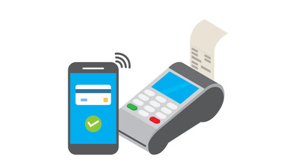 Vector illustration of NFC mobile payment using smartphone and credit card. Great for retail, e-commerce, banking, and fintech applications.