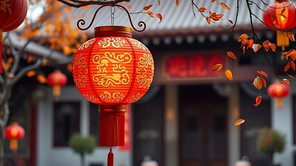 Vibrant red lantern with gold patterns glowing in a traditional courtyard, celebrating China National Day.