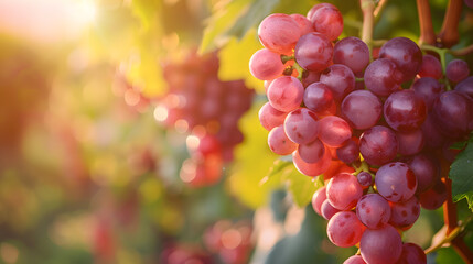 Ripe bunches of deep red wine grapes hang from a leafy vine in a sunny vineyard during the autumn harvest