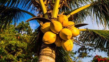 A cluster of bright yellow coconuts hangs from a palm tree against a clear blue sky.