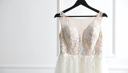 Elegant wedding dress, adorned with delicate lace and beading, hangs on a black hanger against a pristine white backdrop.