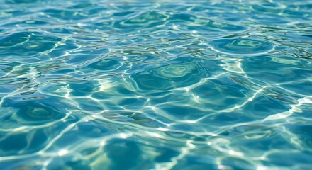 Crystal clear turquoise water surface with shimmering light reflections on a sunny day, creating a tranquil and refreshing visual