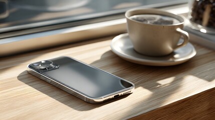 Modern smartphone with a glossy grey back triple camera and shiny silver frame lying face down.