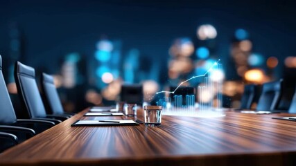Modern boardroom with cityscape background, digital growth chart, business meeting, financial success, professional atmosphere, futuristic night - Powered by Adobe