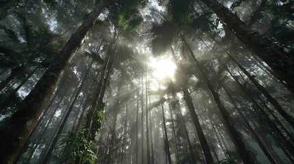   The sun shines through tall trees in a dense, foggy forest