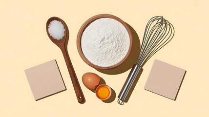 Cooking Ingredients with Wooden Utensils on a Beige Background