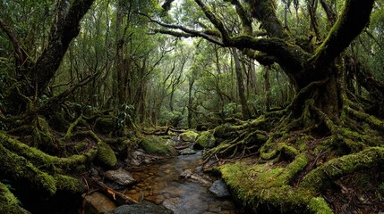 Fototapeta premium Lush forest, mossy tree sides, flowing stream