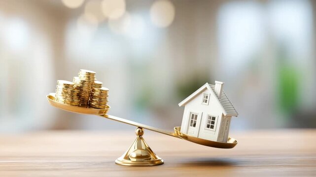 Gold coin stack balance scale house model investment real estate saving finance with gold coins outweighing small house, property wealth