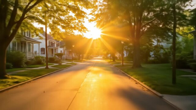 Sunburst down tree-lined street, casting shadows on lawns, houses blurred in distance
