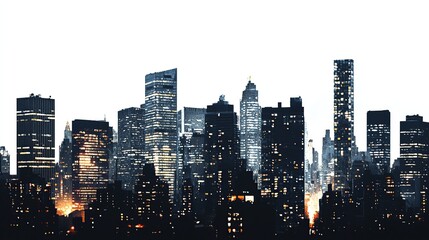 City skyline silhouettes stand against a night sky, a striking urban cityscape view of downtown skyscrapers and modern business architecture on white background